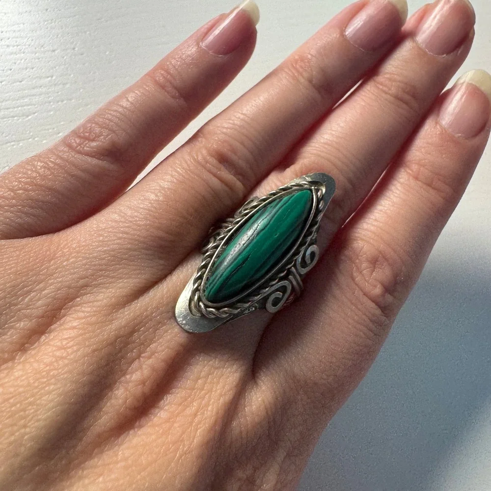 Vtg Silver Tone Malachite Style Ring Marquise Adjustable Southwestern Whimsigoth
